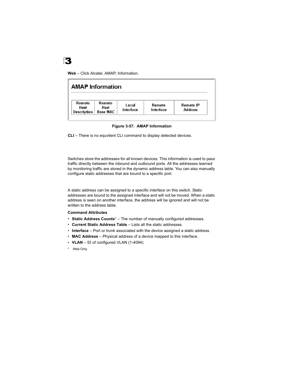 Address table settings, Setting static addresses, Figure 3-57. amap information | Alcatel Carrier Internetworking Solutions OmniStack 6300-24 User Manual | Page 140 / 462