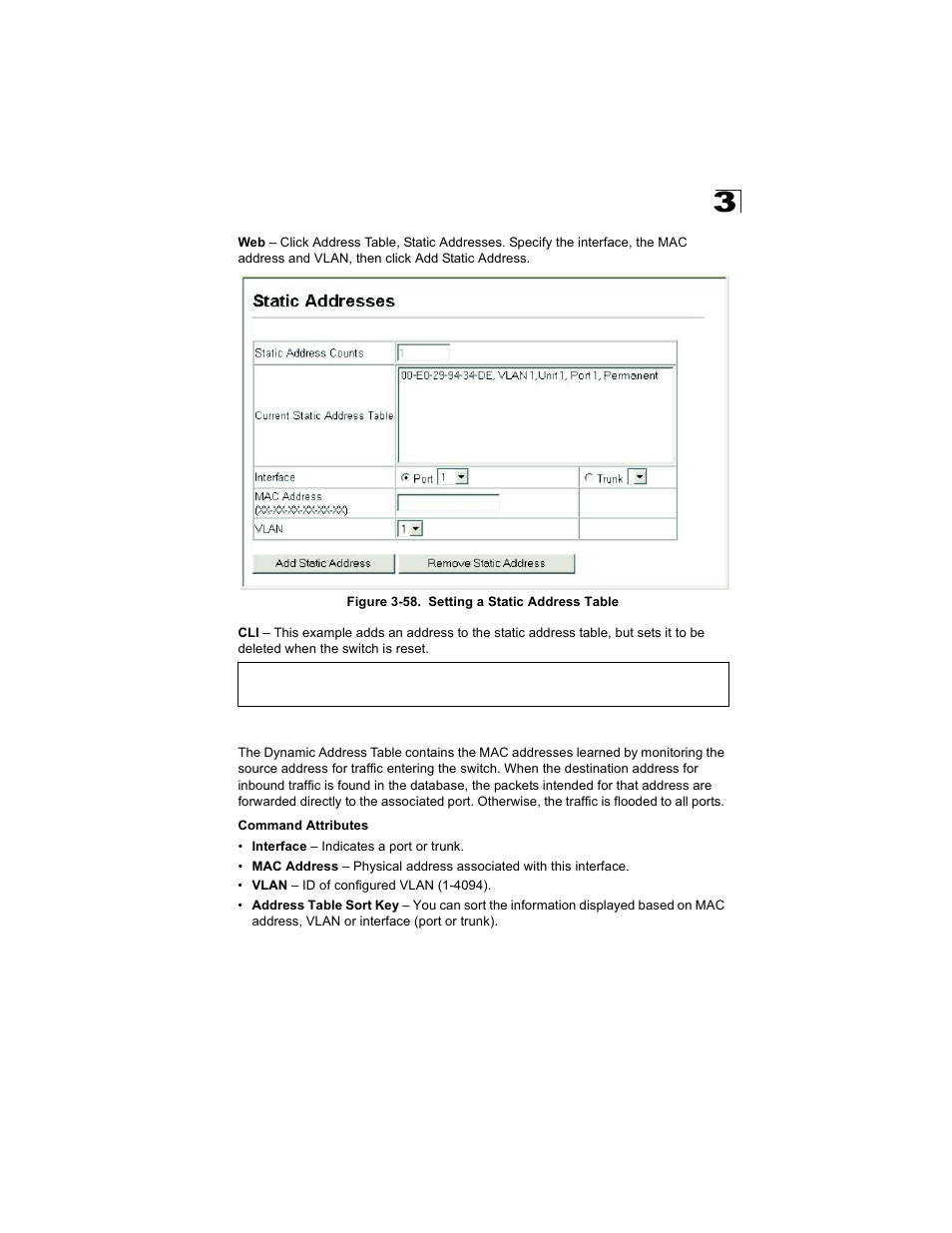 Displaying the address table, Figure 3-58. setting a static address table | Alcatel Carrier Internetworking Solutions OmniStack 6300-24 User Manual | Page 141 / 462