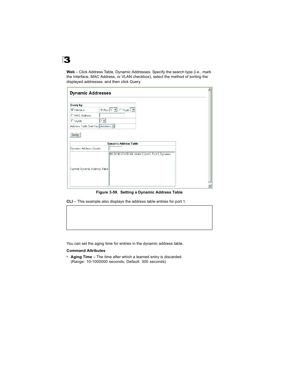 Changing the aging time, Figure 3-59. setting a dynamic address table | Alcatel Carrier Internetworking Solutions OmniStack 6300-24 User Manual | Page 142 / 462