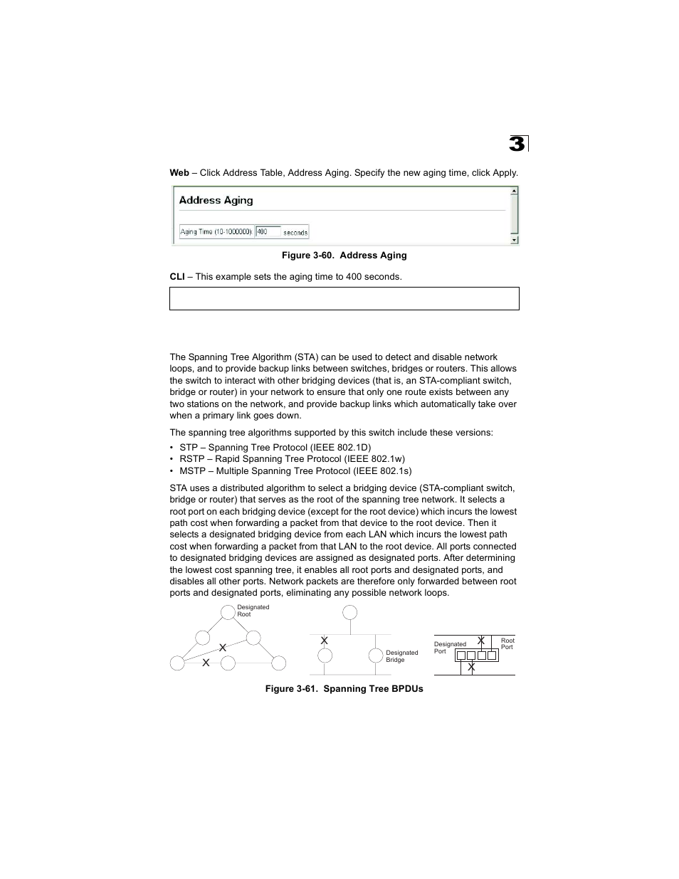 Spanning tree algorithm configuration, Figure 3-60. address aging, Figure 3-61. spanning tree bpdus | Alcatel Carrier Internetworking Solutions OmniStack 6300-24 User Manual | Page 143 / 462