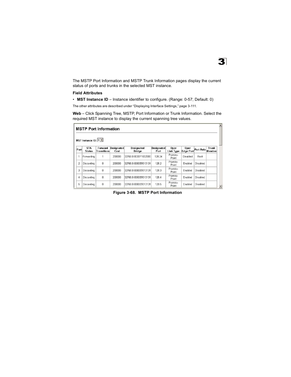 Displaying interface settings for mstp, Figure 3-68. mstp port information | Alcatel Carrier Internetworking Solutions OmniStack 6300-24 User Manual | Page 159 / 462