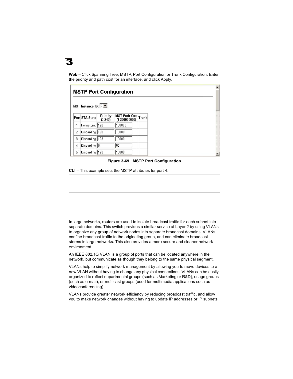 Vlan configuration, Overview, Overview 3-122 | Figure 3-69. mstp port configuration | Alcatel Carrier Internetworking Solutions OmniStack 6300-24 User Manual | Page 162 / 462