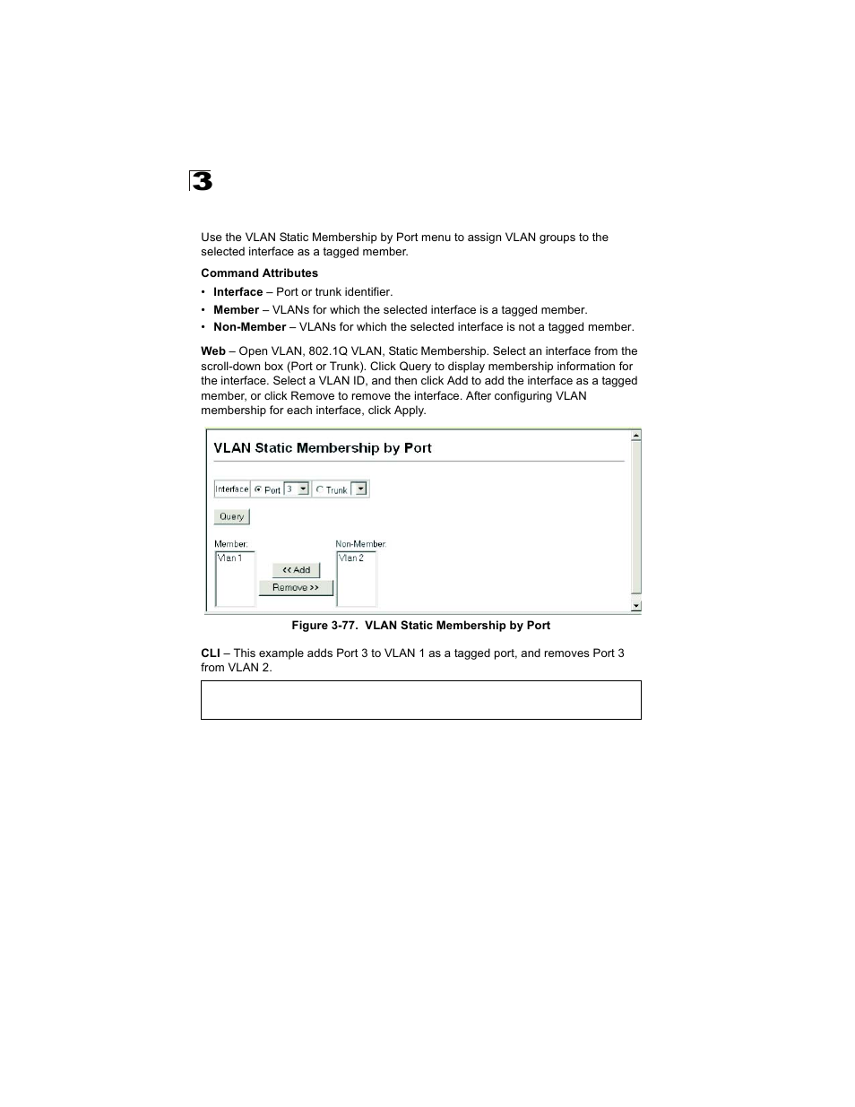 Adding static members to vlans (port index), Figure 3-77. vlan static membership by port | Alcatel Carrier Internetworking Solutions OmniStack 6300-24 User Manual | Page 172 / 462