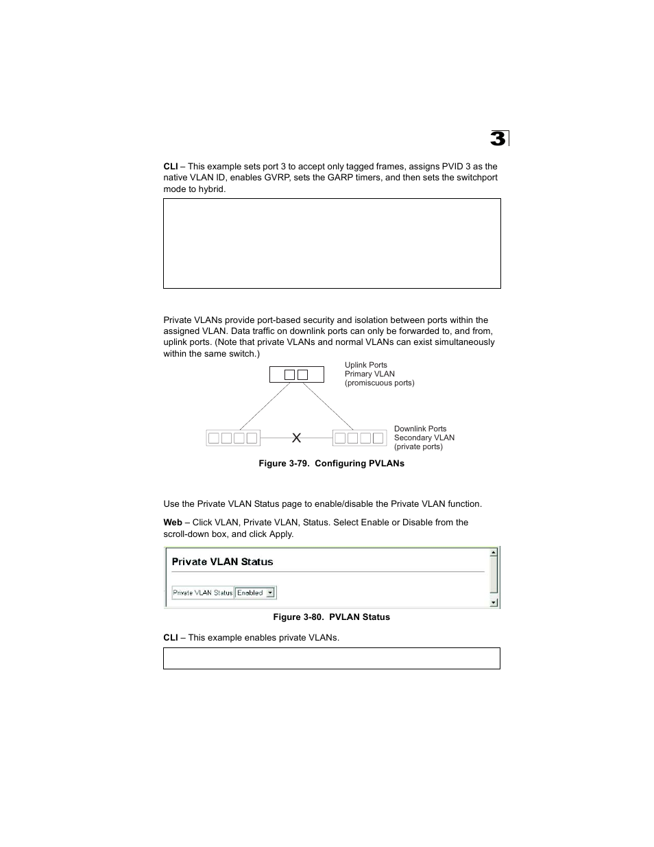 Configuring private vlans, Enabling private vlans, Figure 3-79. configuring pvlans | Figure 3-80. pvlan status | Alcatel Carrier Internetworking Solutions OmniStack 6300-24 User Manual | Page 175 / 462