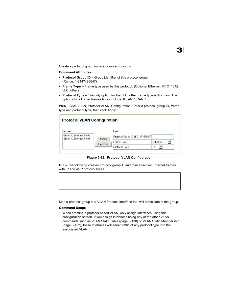 Configuring protocol groups, Mapping protocols to vlans, Figure 3-82. protocol vlan configuration | Alcatel Carrier Internetworking Solutions OmniStack 6300-24 User Manual | Page 177 / 462