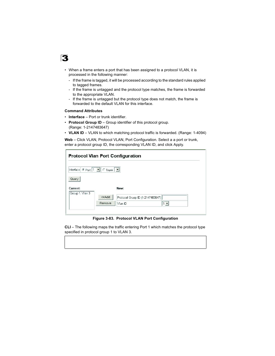 Figure 3-83. protocol vlan port configuration | Alcatel Carrier Internetworking Solutions OmniStack 6300-24 User Manual | Page 178 / 462