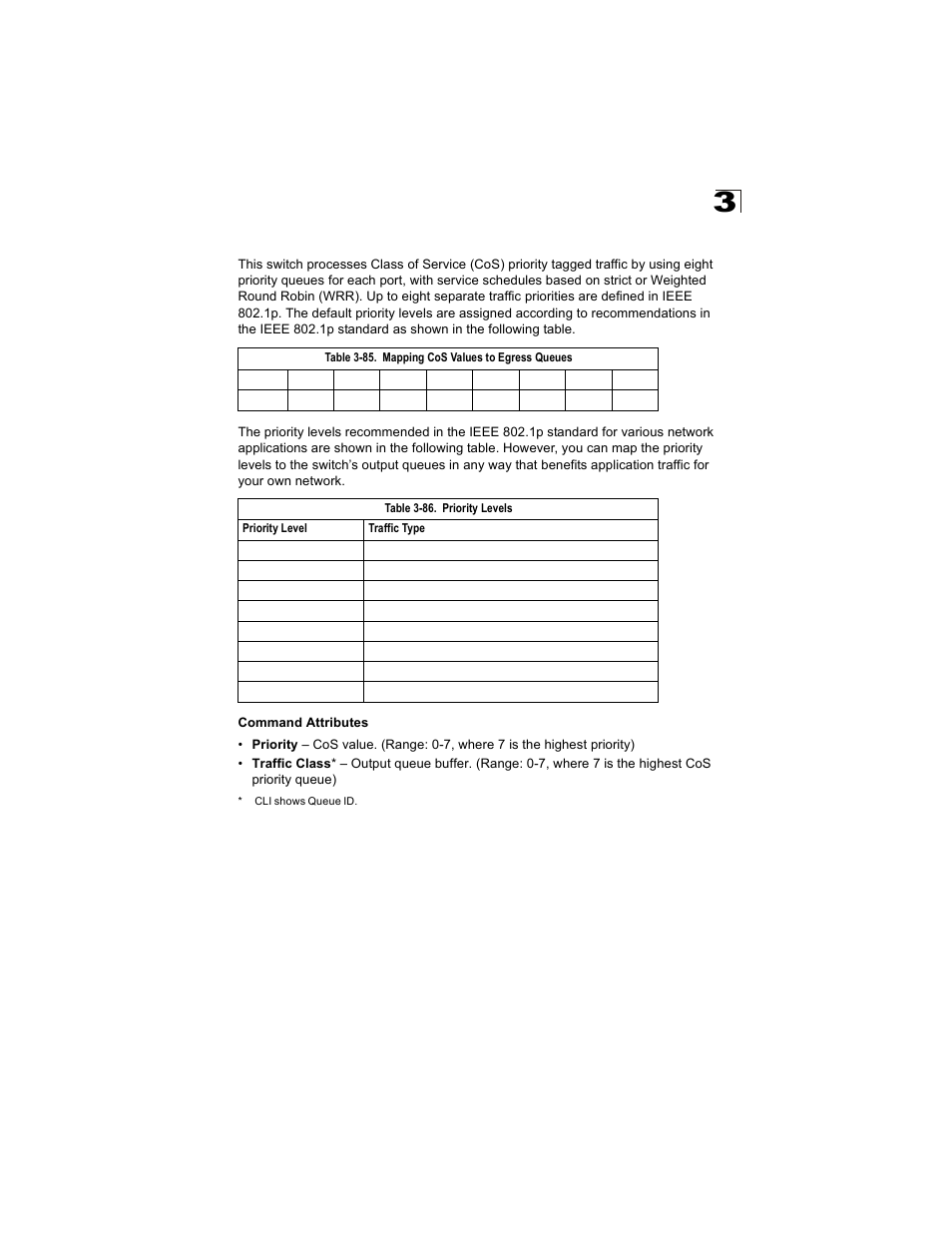 Mapping cos values to egress queues, Table 3-85, Table 3-86 | Priority levels | Alcatel Carrier Internetworking Solutions OmniStack 6300-24 User Manual | Page 181 / 462