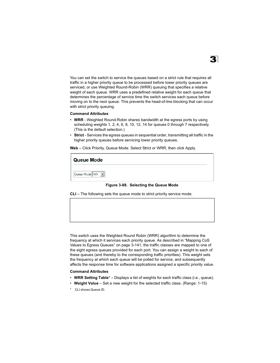 Selecting the queue mode, Setting the service weight for traffic classes, Figure 3-88. selecting the queue mode | Alcatel Carrier Internetworking Solutions OmniStack 6300-24 User Manual | Page 183 / 462