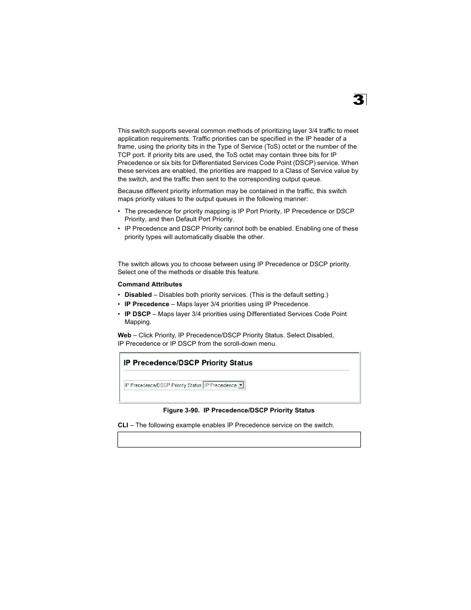 Mapping layer 3/4 priorities to cos values, Selecting ip precedence/dscp priority, Figure 3-90. ip precedence/dscp priority status | Alcatel Carrier Internetworking Solutions OmniStack 6300-24 User Manual | Page 185 / 462