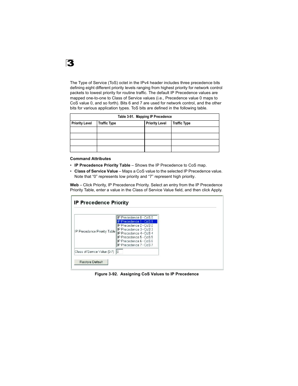 Mapping ip precedence, Table 3-91, Figure 3-92. assigning cos values to ip precedence | Alcatel Carrier Internetworking Solutions OmniStack 6300-24 User Manual | Page 186 / 462