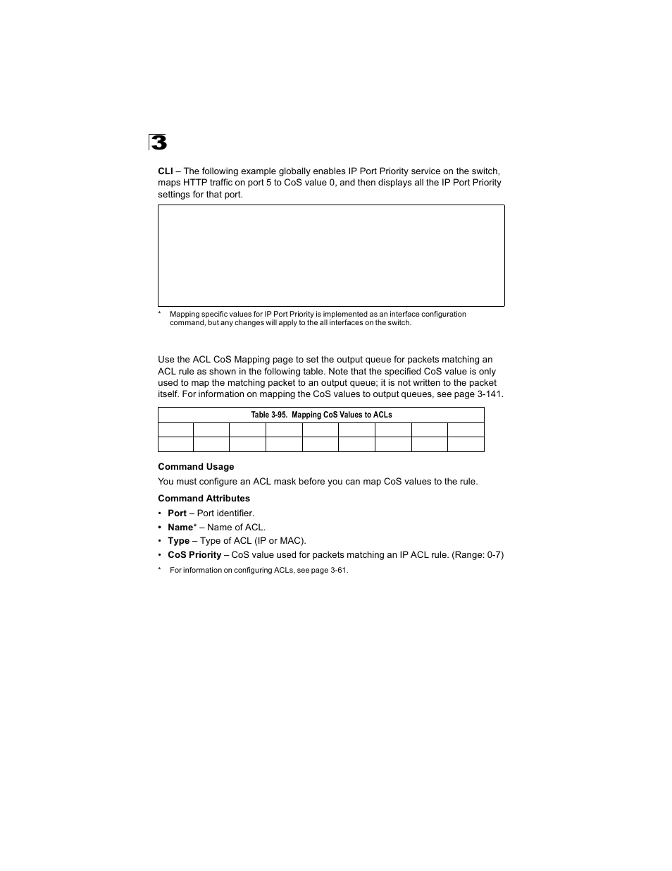 Mapping cos values to acls, Table 3-95 | Alcatel Carrier Internetworking Solutions OmniStack 6300-24 User Manual | Page 190 / 462
