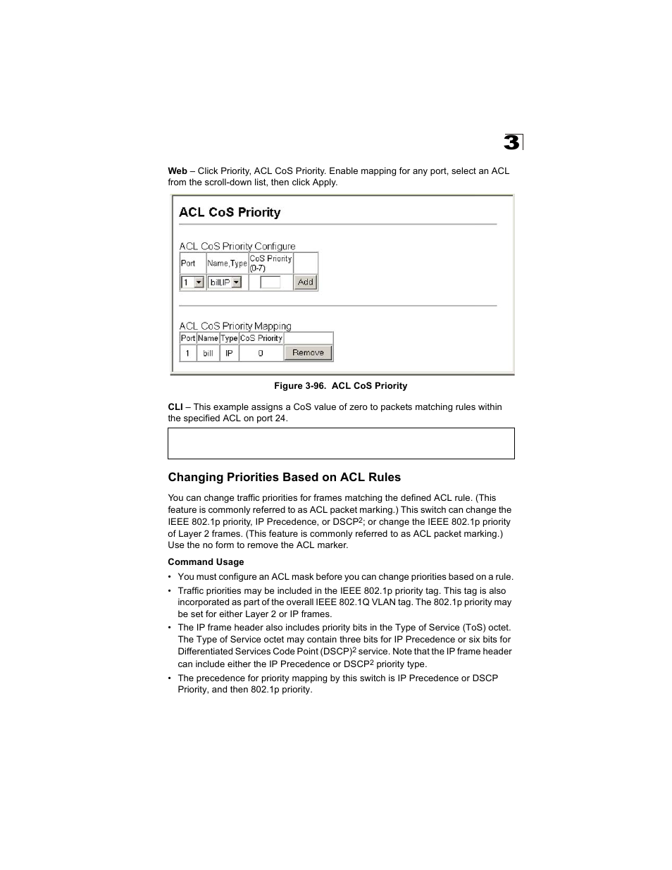 Changing priorities based on acl rules, Figure 3-96. acl cos priority | Alcatel Carrier Internetworking Solutions OmniStack 6300-24 User Manual | Page 191 / 462