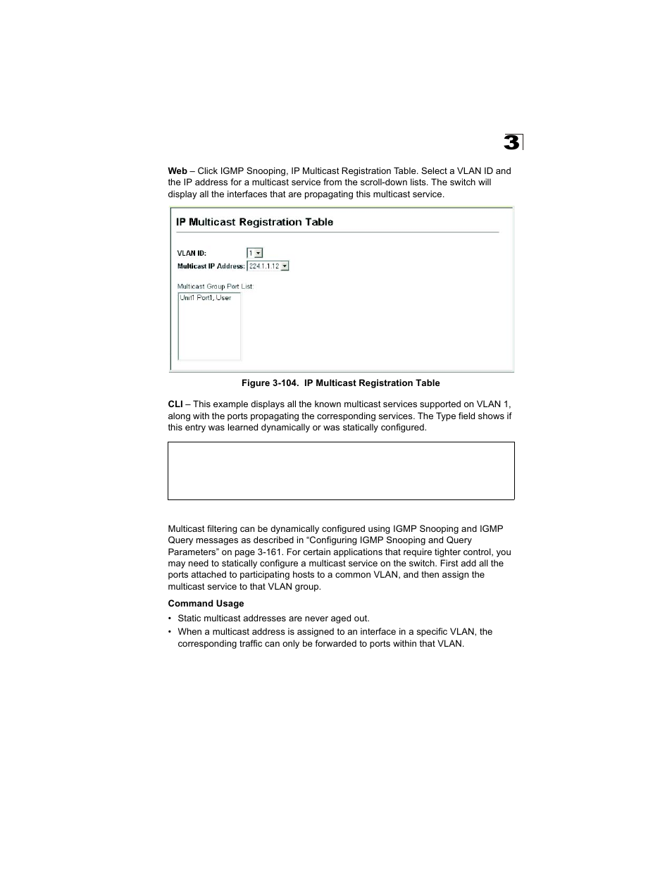 Assigning ports to multicast services, Figure 3-104. ip multicast registration table | Alcatel Carrier Internetworking Solutions OmniStack 6300-24 User Manual | Page 205 / 462