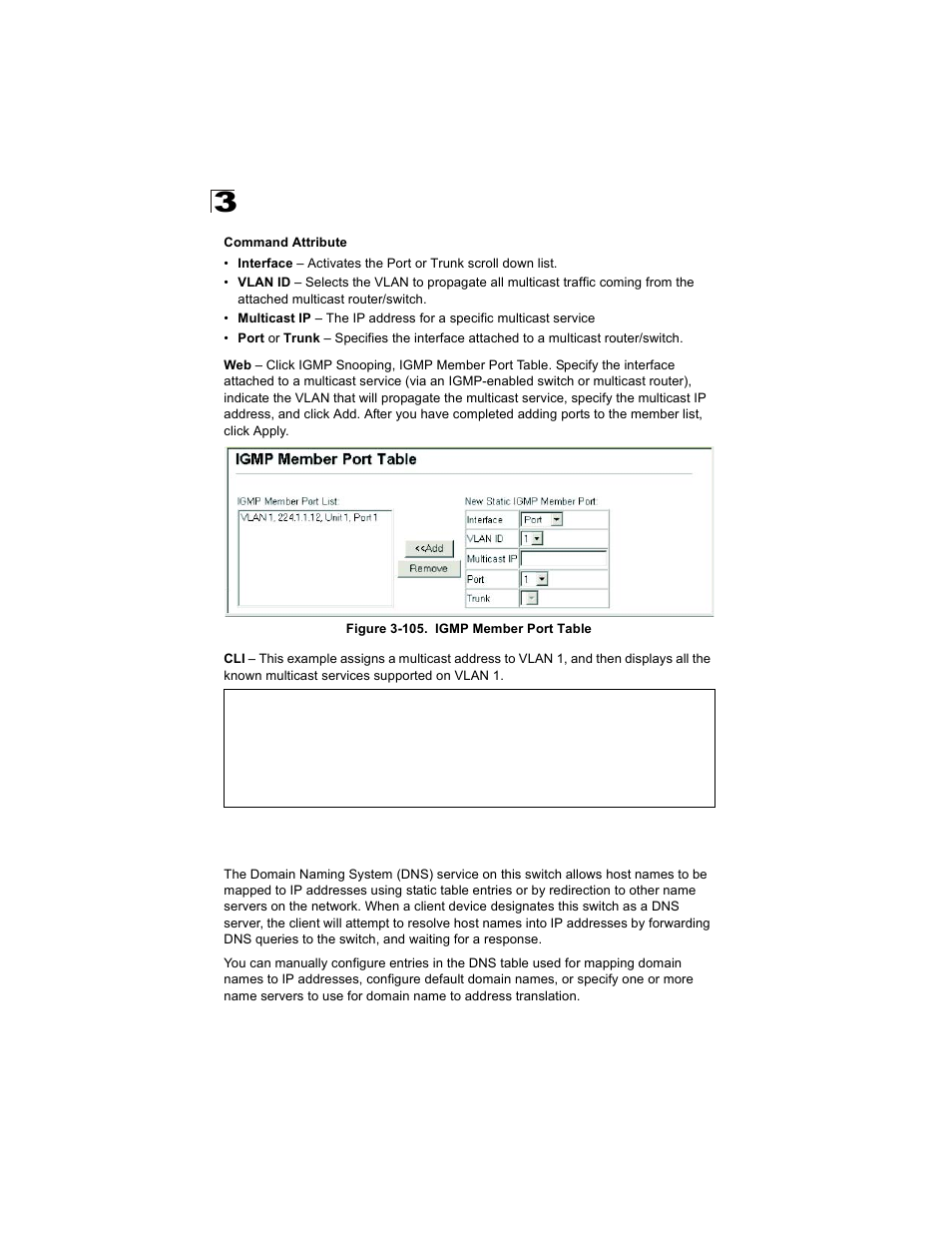 Configuring domain name service, Figure 3-105. igmp member port table | Alcatel Carrier Internetworking Solutions OmniStack 6300-24 User Manual | Page 206 / 462