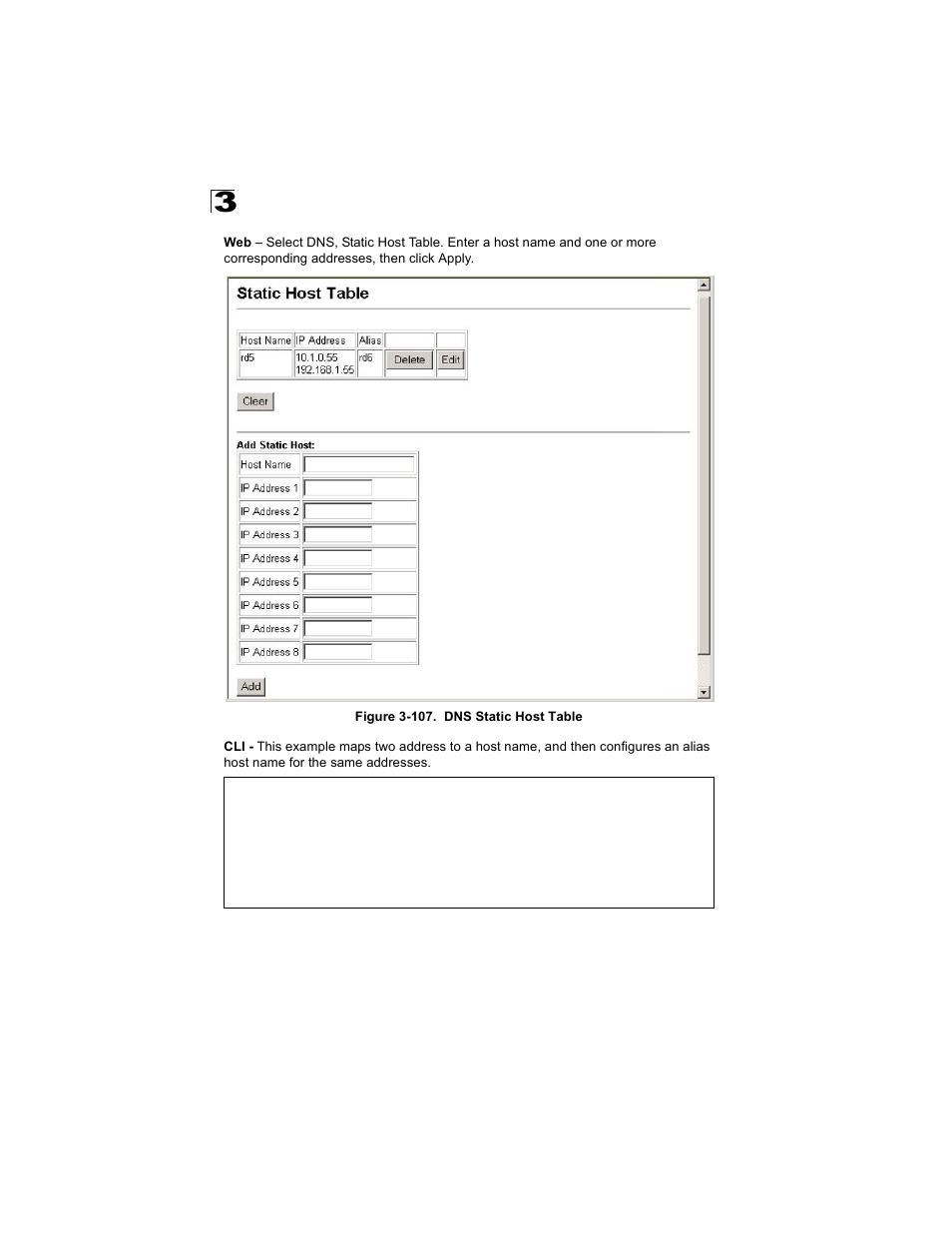 Figure 3-107. dns static host table | Alcatel Carrier Internetworking Solutions OmniStack 6300-24 User Manual | Page 210 / 462