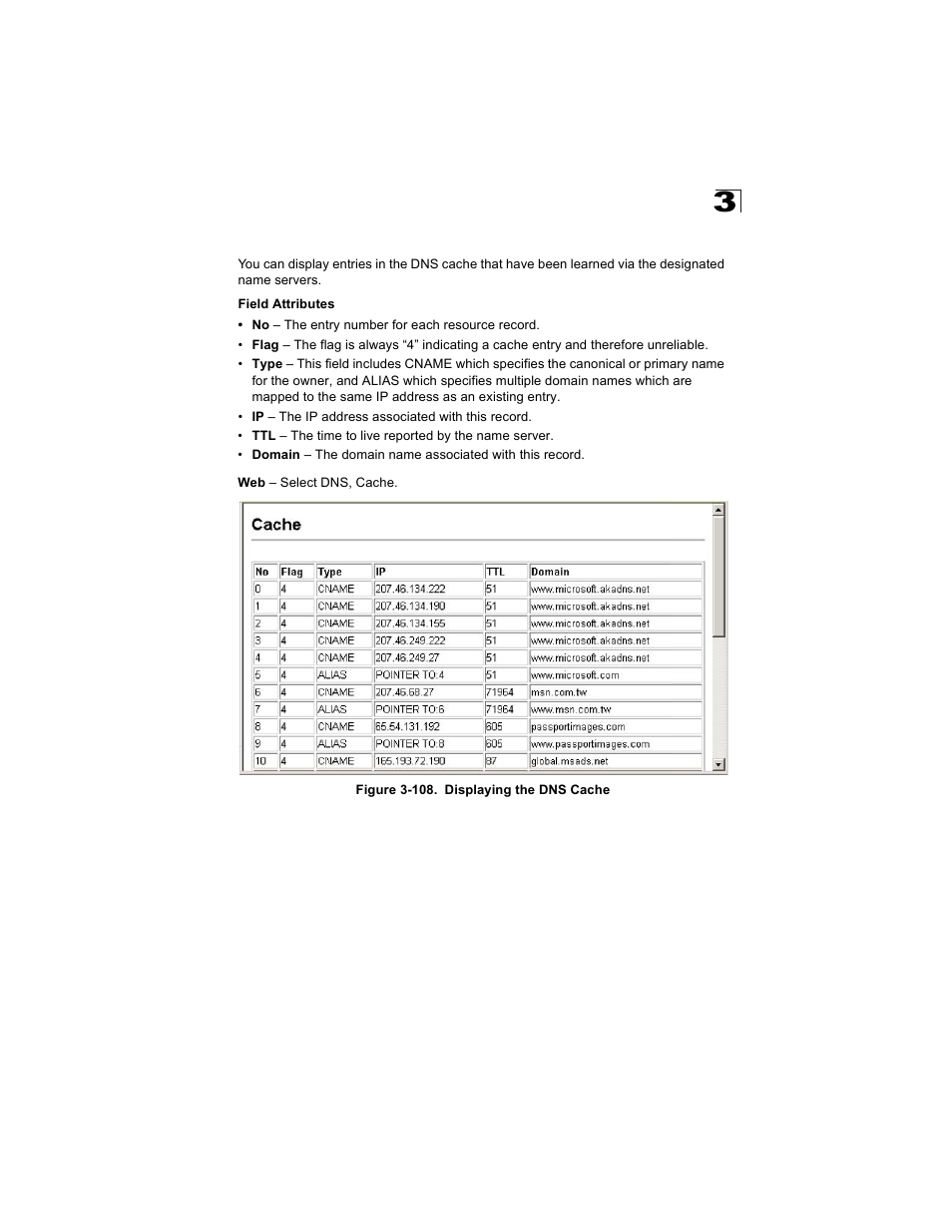 Displaying the dns cache, Figure 3-108. displaying the dns cache | Alcatel Carrier Internetworking Solutions OmniStack 6300-24 User Manual | Page 211 / 462