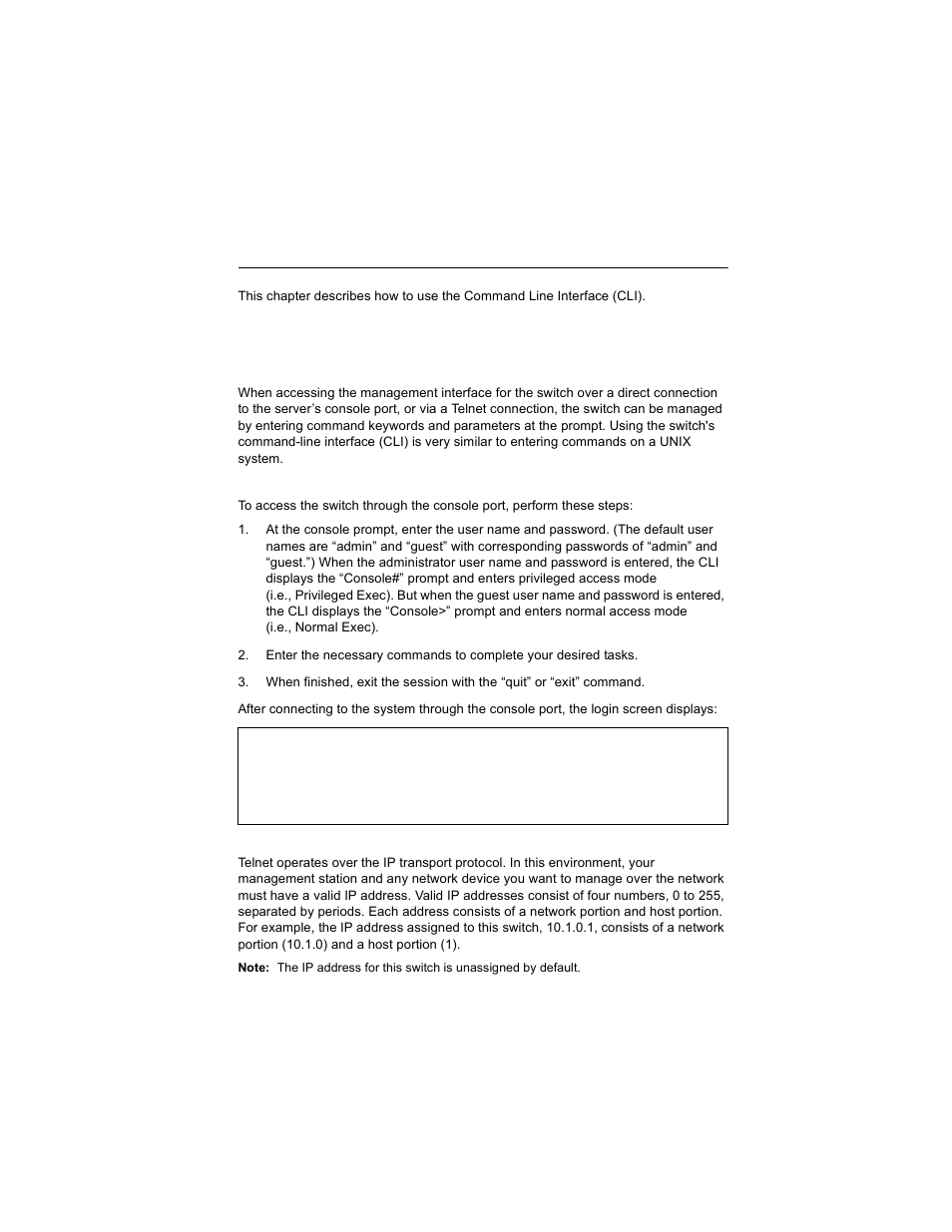 Chapter 4: command line interface, Using the command line interface, Accessing the cli | Console connection, Telnet connection, Chapter 4: “command line interface | Alcatel Carrier Internetworking Solutions OmniStack 6300-24 User Manual | Page 213 / 462