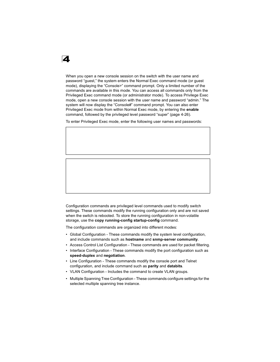 Exec commands, Configuration commands | Alcatel Carrier Internetworking Solutions OmniStack 6300-24 User Manual | Page 218 / 462