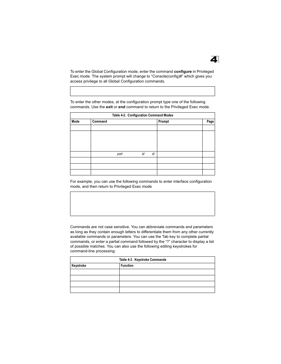 Command line processing, Table 4-2, Configuration command modes | Table 4-3, Keystroke commands | Alcatel Carrier Internetworking Solutions OmniStack 6300-24 User Manual | Page 219 / 462