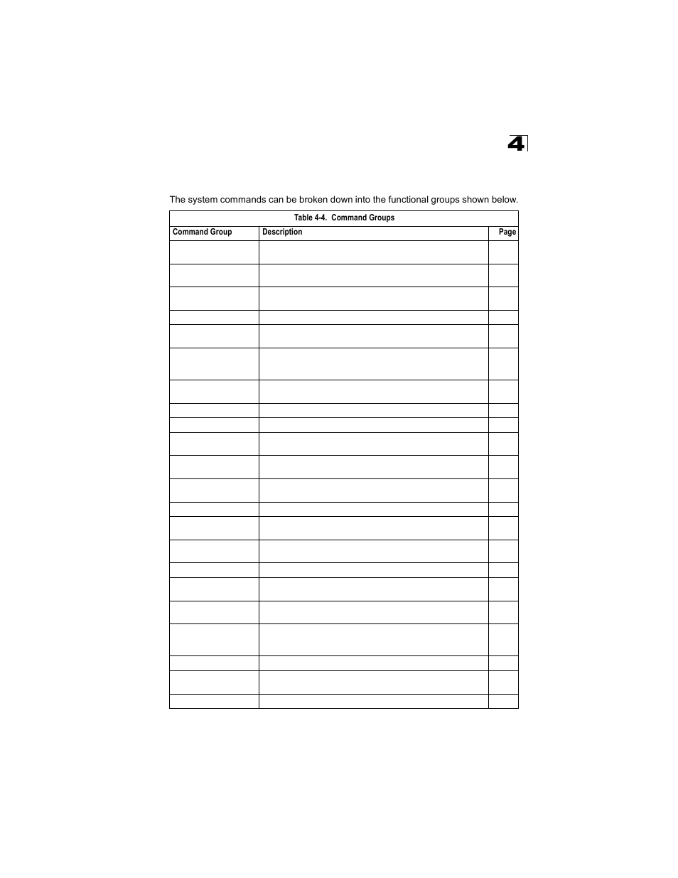 Command groups, Table 4-4 | Alcatel Carrier Internetworking Solutions OmniStack 6300-24 User Manual | Page 221 / 462