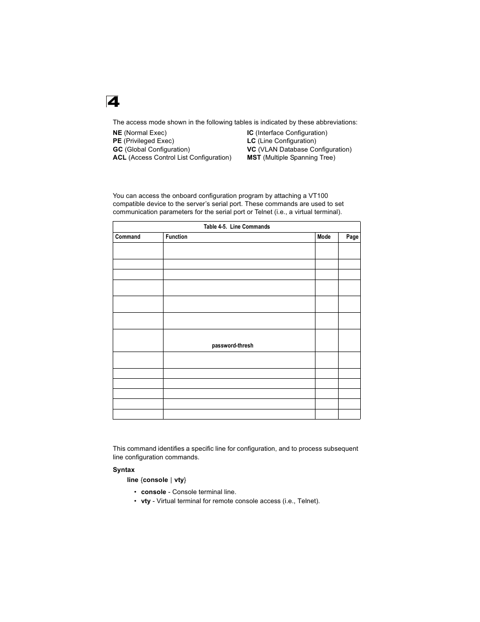 Line commands, Line, Line 4-10 | Table 4-5 | Alcatel Carrier Internetworking Solutions OmniStack 6300-24 User Manual | Page 222 / 462