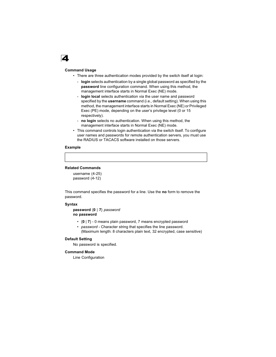 Password, Password 4-12 | Alcatel Carrier Internetworking Solutions OmniStack 6300-24 User Manual | Page 224 / 462