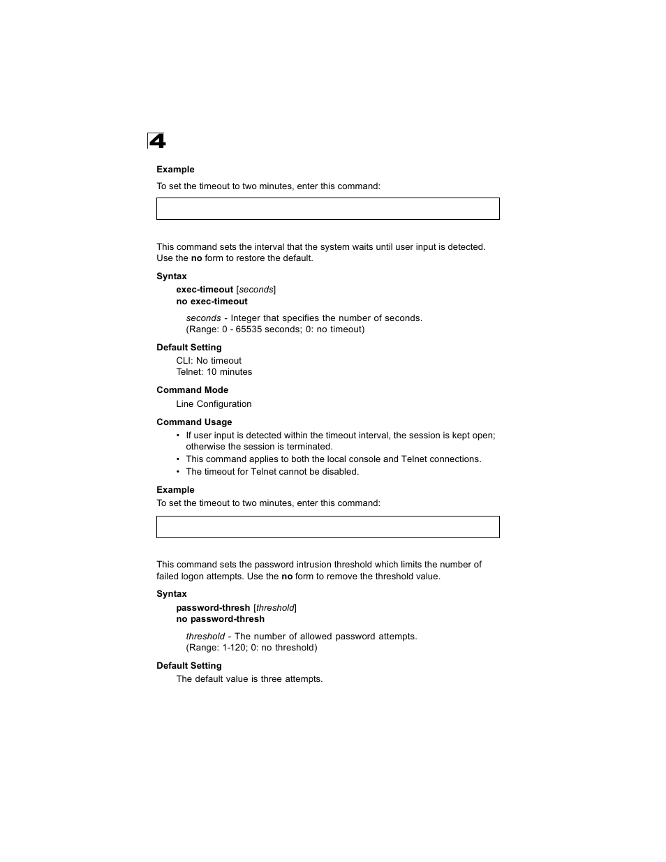 Exec-timeout, Password-thresh, Exec-timeout 4-14 password-thresh 4-14 | Alcatel Carrier Internetworking Solutions OmniStack 6300-24 User Manual | Page 226 / 462