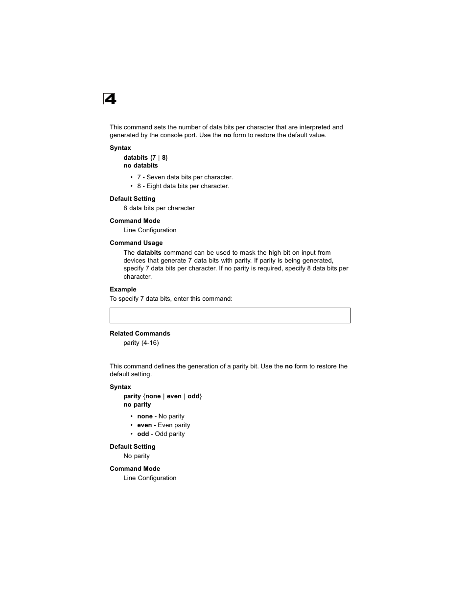 Databits, Parity, Databits 4-16 parity 4-16 | Alcatel Carrier Internetworking Solutions OmniStack 6300-24 User Manual | Page 228 / 462