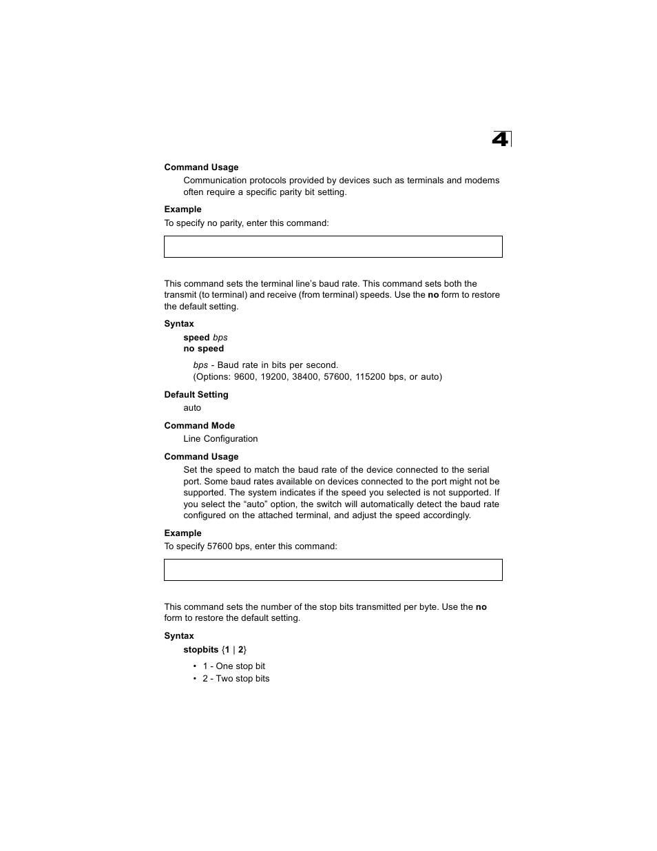 Speed, Stopbits, Speed 4-17 stopbits 4-17 | Alcatel Carrier Internetworking Solutions OmniStack 6300-24 User Manual | Page 229 / 462