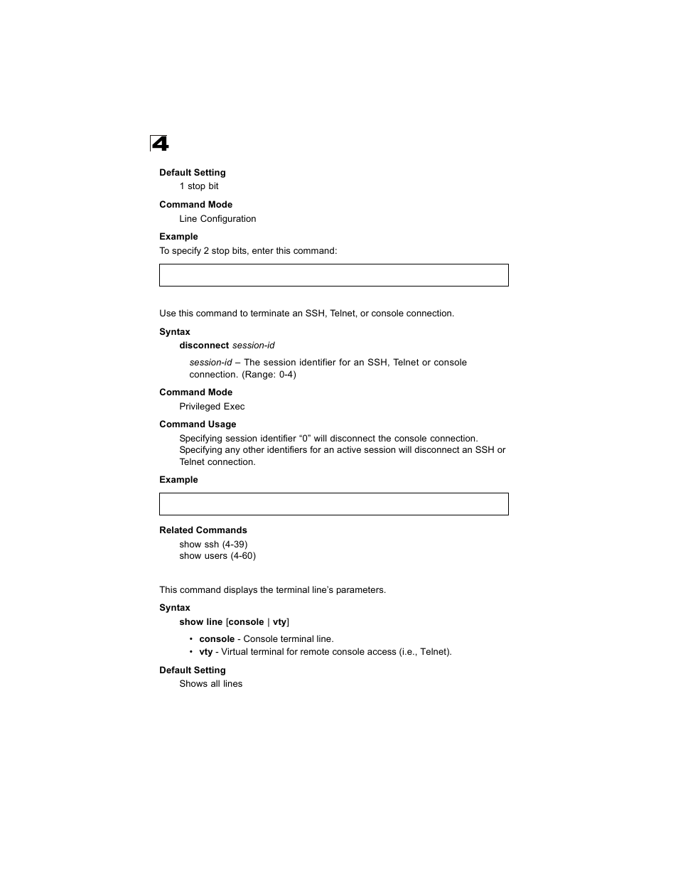 Disconnect, Show line, Disconnect 4-18 show line | Alcatel Carrier Internetworking Solutions OmniStack 6300-24 User Manual | Page 230 / 462