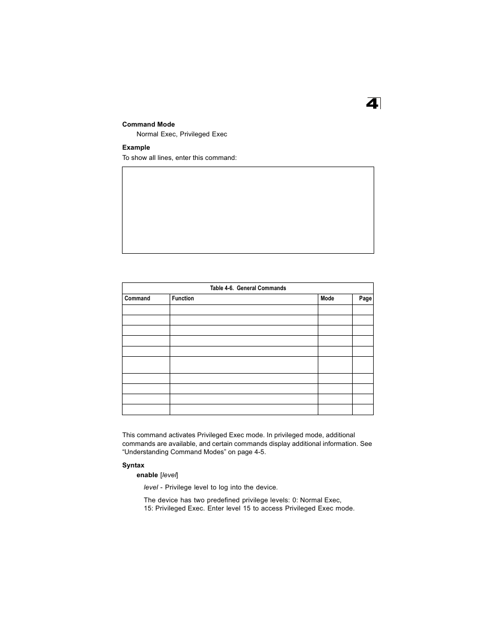 General commands, Enable, Enable 4-19 | Table 4-6 | Alcatel Carrier Internetworking Solutions OmniStack 6300-24 User Manual | Page 231 / 462