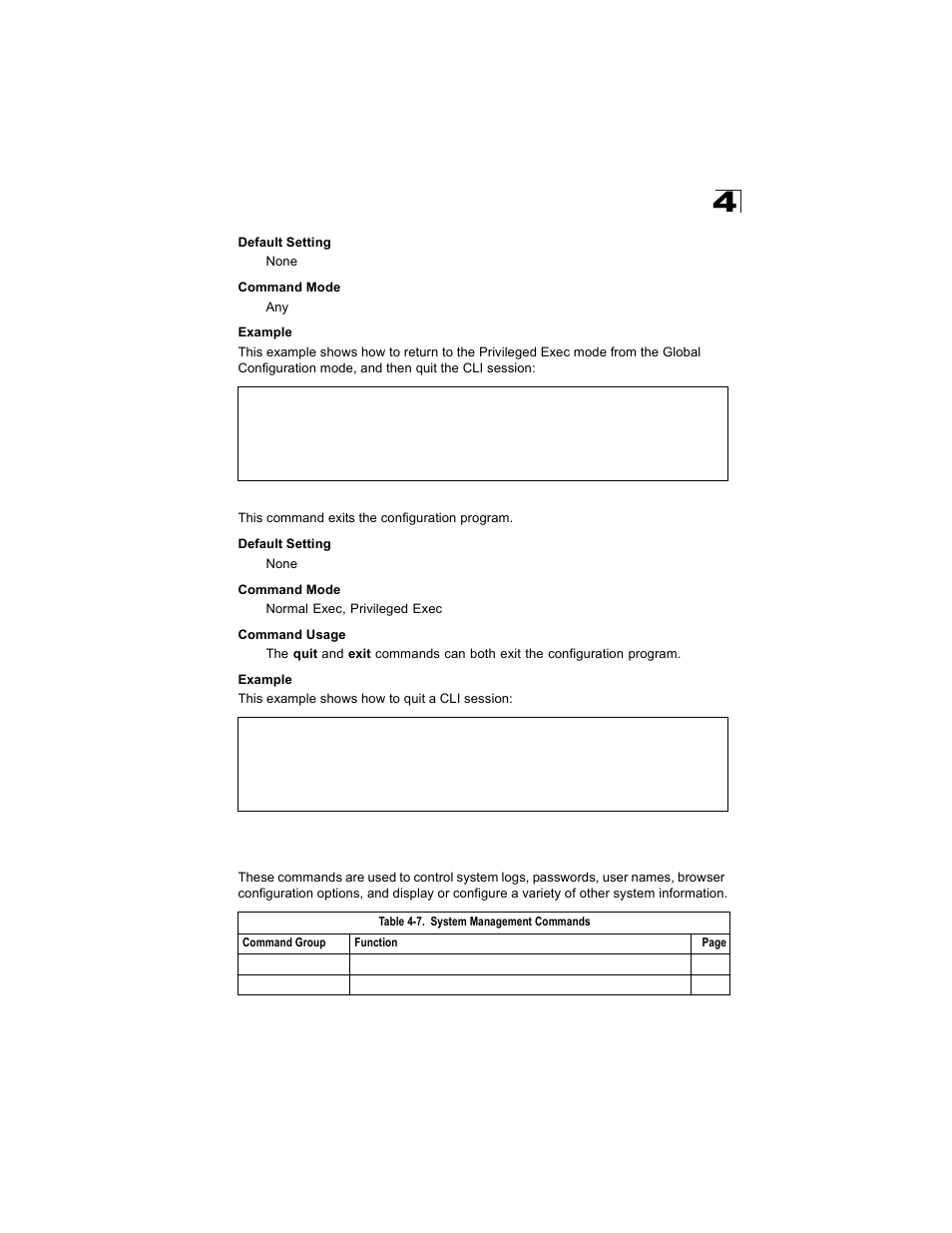 Quit, System management commands, Quit 4-23 | Table 4-7 | Alcatel Carrier Internetworking Solutions OmniStack 6300-24 User Manual | Page 235 / 462