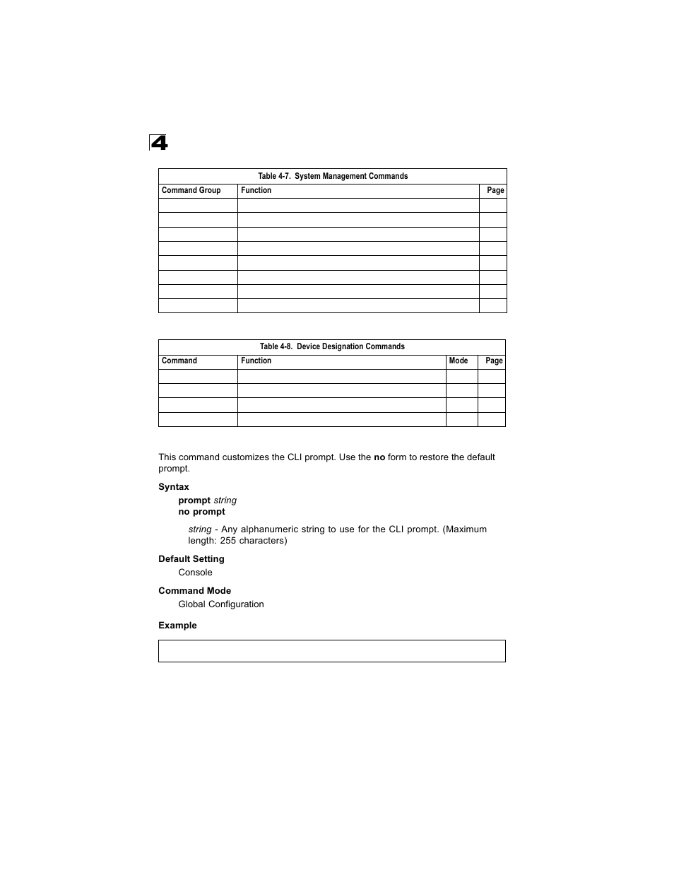 Device designation commands, Prompt, Prompt 4-24 | Table 4-8 | Alcatel Carrier Internetworking Solutions OmniStack 6300-24 User Manual | Page 236 / 462