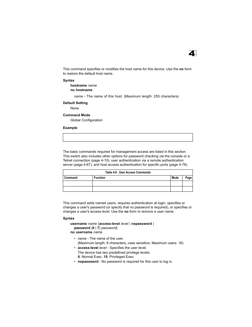 Hostname, User access commands, Username | Hostname 4-25, Username 4-25, Table 4-9 | Alcatel Carrier Internetworking Solutions OmniStack 6300-24 User Manual | Page 237 / 462