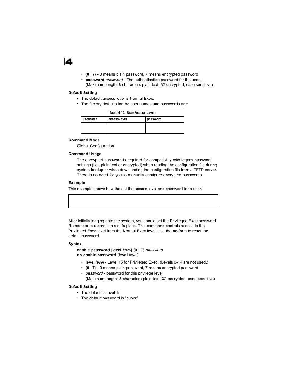 Enable password, Table 4-10, User access levels | Enable password (4-26) | Alcatel Carrier Internetworking Solutions OmniStack 6300-24 User Manual | Page 238 / 462