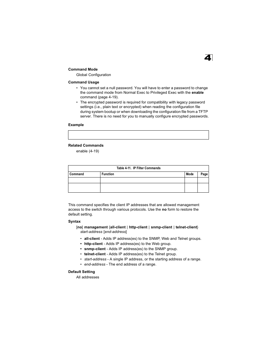 Ip filter commands, Management, Management 4-27 | Table 4-11 | Alcatel Carrier Internetworking Solutions OmniStack 6300-24 User Manual | Page 239 / 462