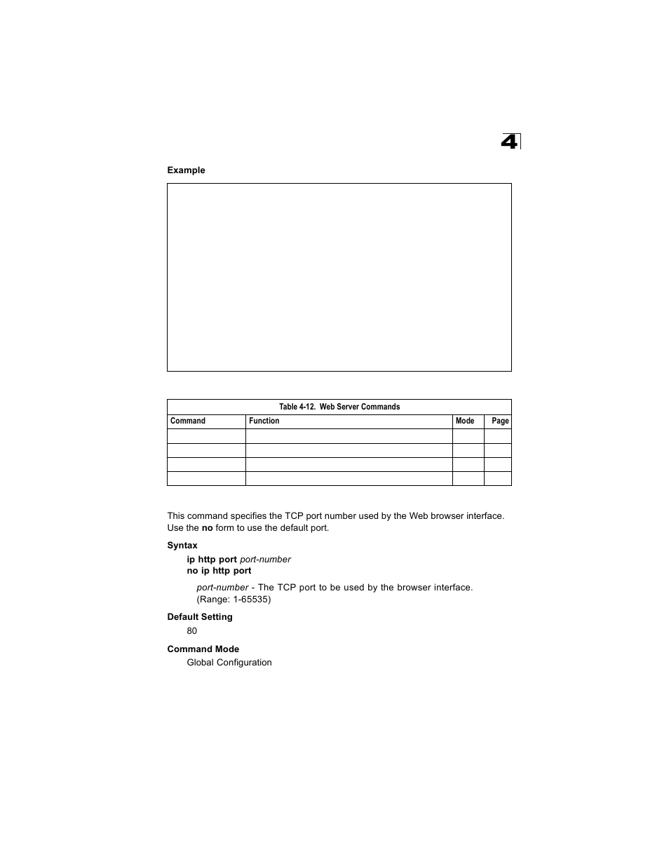 Web server commands, Ip http port, Table 4-12 | Alcatel Carrier Internetworking Solutions OmniStack 6300-24 User Manual | Page 241 / 462