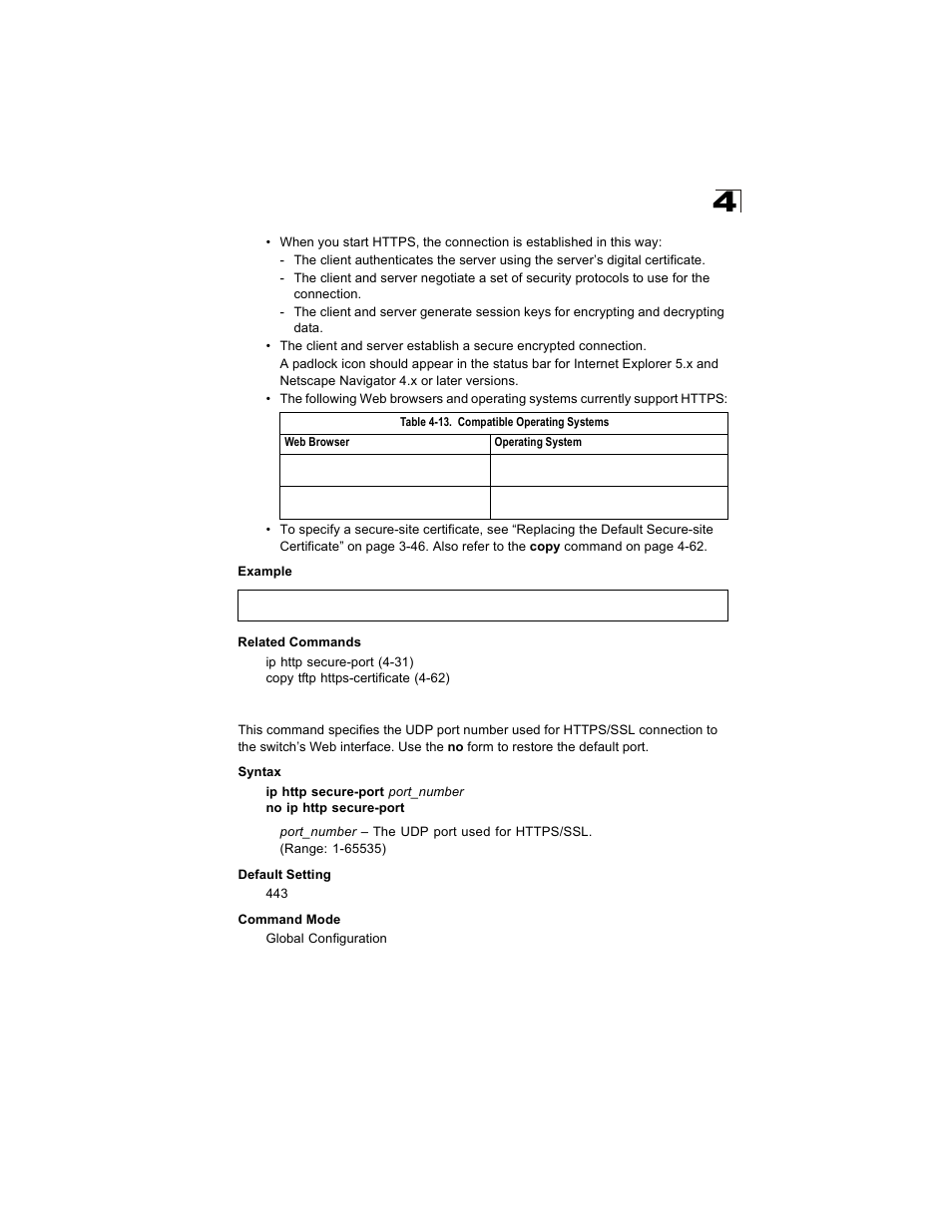 Ip http secure-port, Table 4-13, Compatible operating systems | Alcatel Carrier Internetworking Solutions OmniStack 6300-24 User Manual | Page 243 / 462