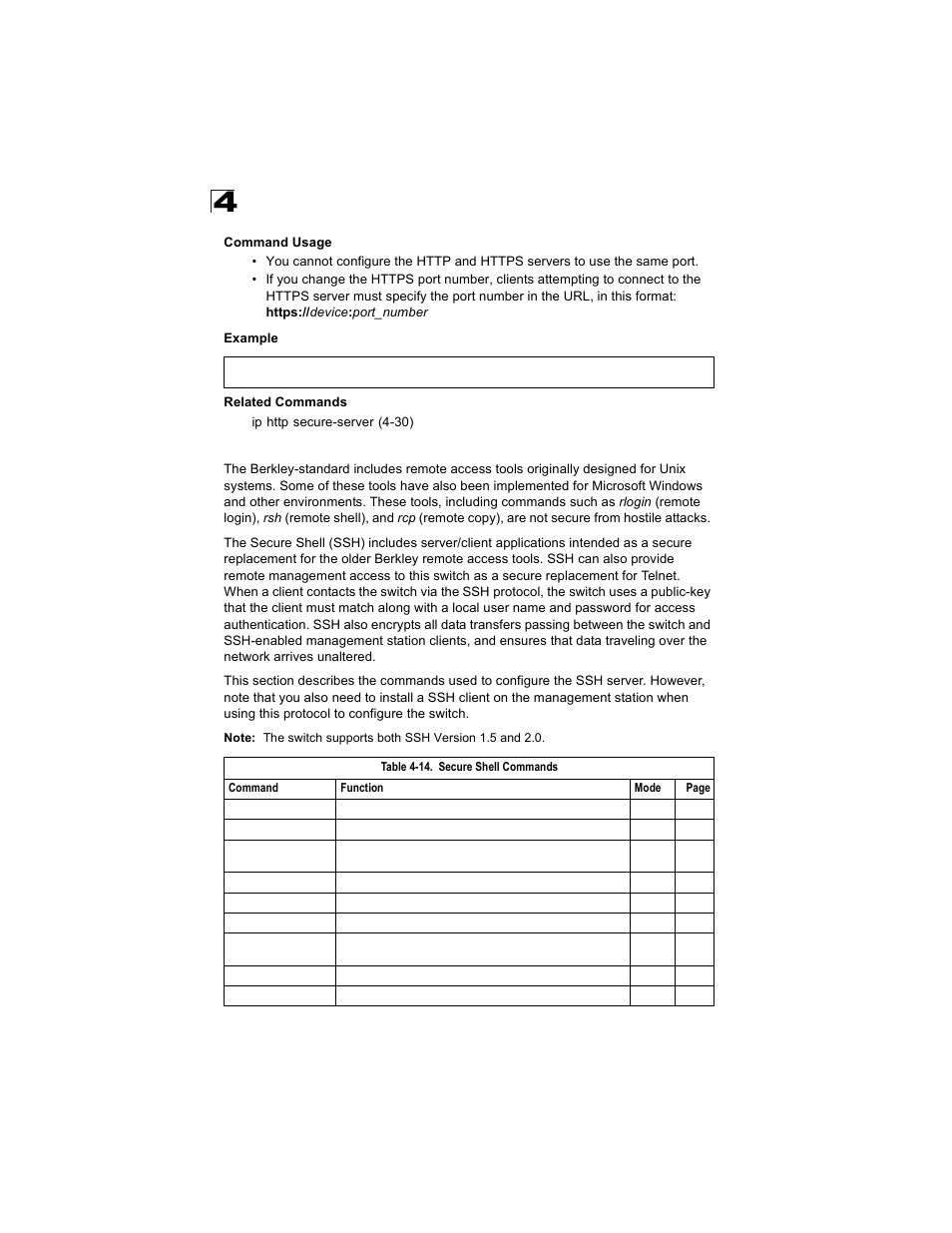 Secure shell commands, Table 4-14 | Alcatel Carrier Internetworking Solutions OmniStack 6300-24 User Manual | Page 244 / 462