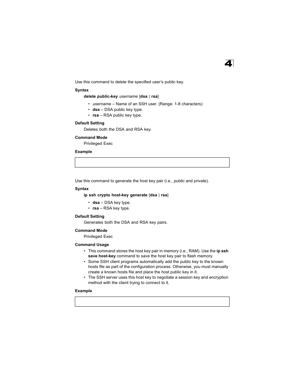 Delete public-key, Ip ssh crypto host-key generate, Ip ssh crypto host-key generate (4-37) | Alcatel Carrier Internetworking Solutions OmniStack 6300-24 User Manual | Page 249 / 462