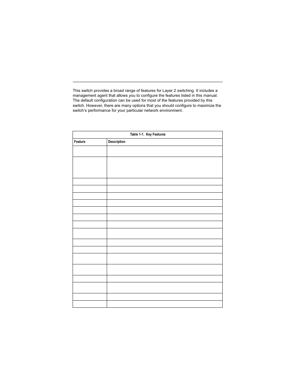 Chapter 1: introduction, Key features, Table 1-1 | Alcatel Carrier Internetworking Solutions OmniStack 6300-24 User Manual | Page 25 / 462