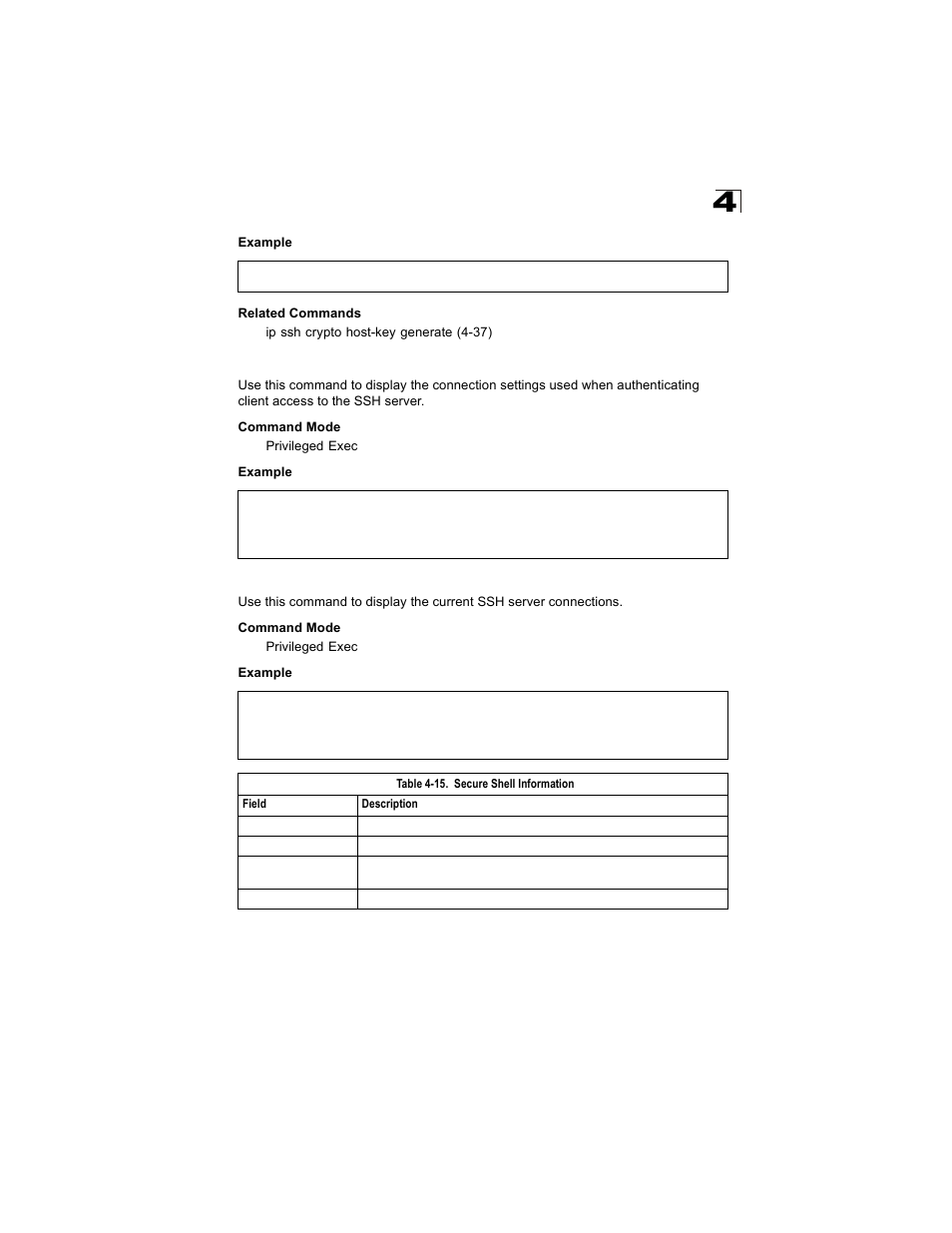 Show ip ssh, Show ssh, Table 4-15 | Secure shell information, Show ssh (4-39), Show ip ssh (4-39) | Alcatel Carrier Internetworking Solutions OmniStack 6300-24 User Manual | Page 251 / 462