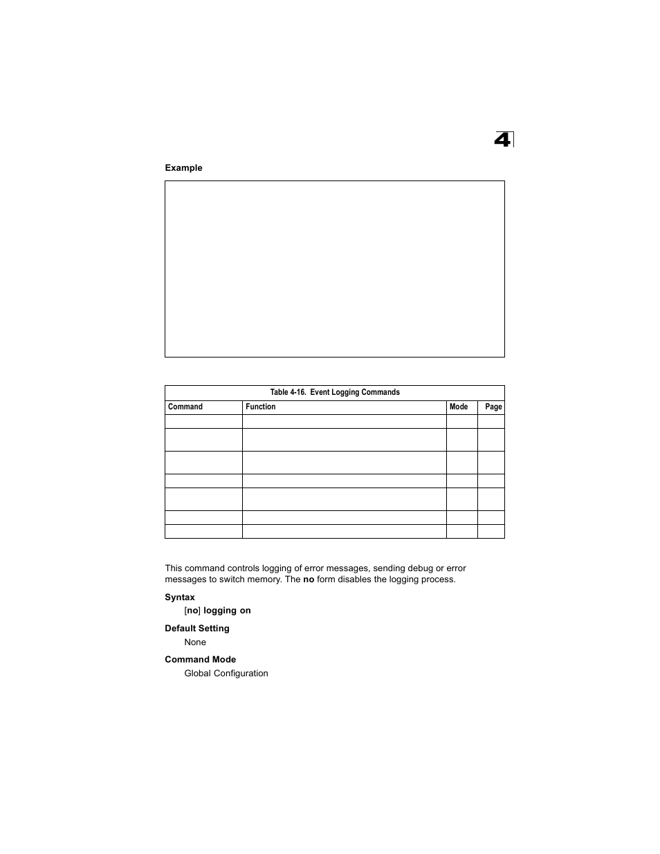 Event logging commands, Logging on, Table 4-16 | Alcatel Carrier Internetworking Solutions OmniStack 6300-24 User Manual | Page 253 / 462