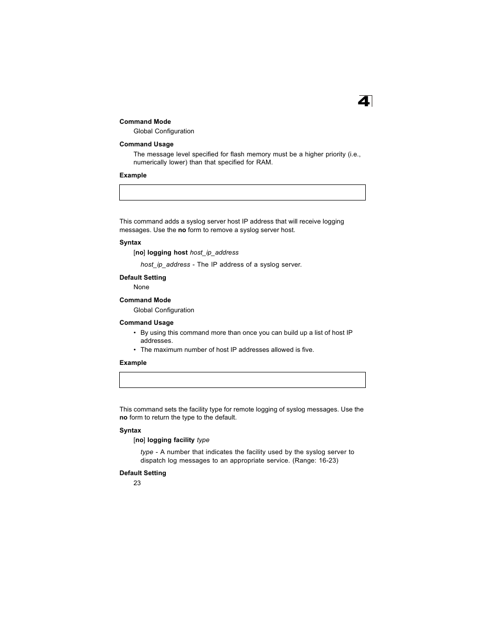 Logging host, Logging facility | Alcatel Carrier Internetworking Solutions OmniStack 6300-24 User Manual | Page 255 / 462