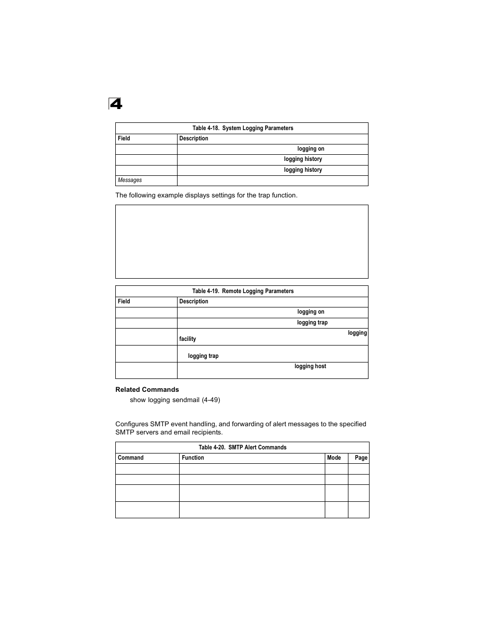 Smtp alert commands, Table 4-19, Remote logging parameters | Table 4-20, Table 4-18, System logging parameters | Alcatel Carrier Internetworking Solutions OmniStack 6300-24 User Manual | Page 258 / 462
