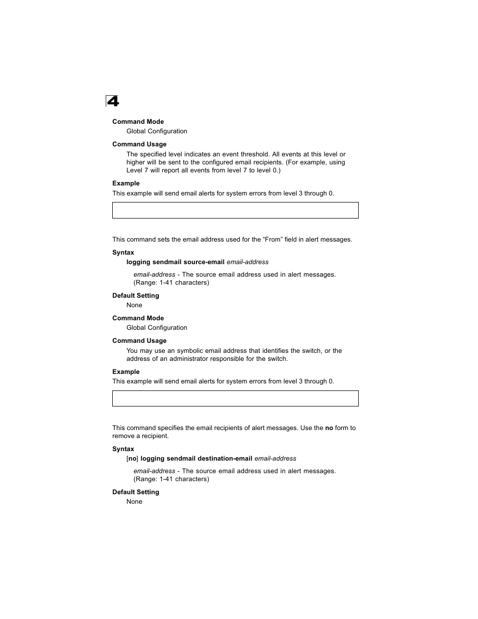 Logging sendmail source-email, Logging sendmail destination-email | Alcatel Carrier Internetworking Solutions OmniStack 6300-24 User Manual | Page 260 / 462