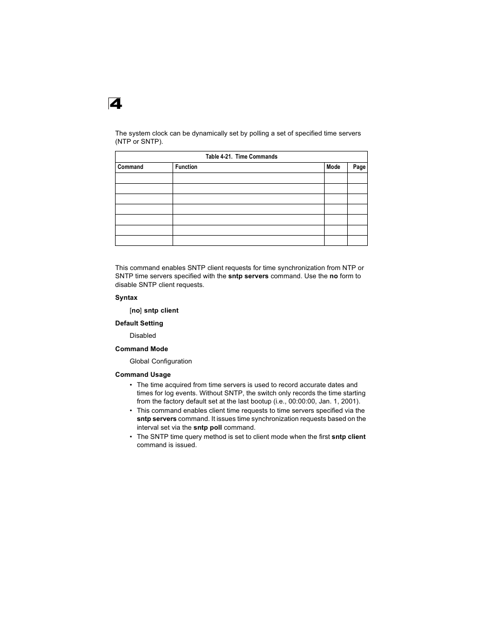 Time commands, Sntp client, Table 4-21 | Alcatel Carrier Internetworking Solutions OmniStack 6300-24 User Manual | Page 262 / 462