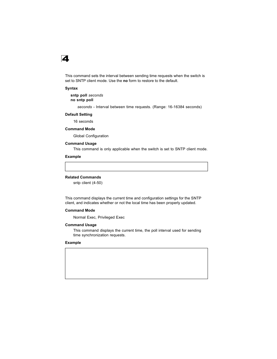 Sntp poll, Show sntp, Sntp poll (4-52) show sntp (4-52) | Alcatel Carrier Internetworking Solutions OmniStack 6300-24 User Manual | Page 264 / 462