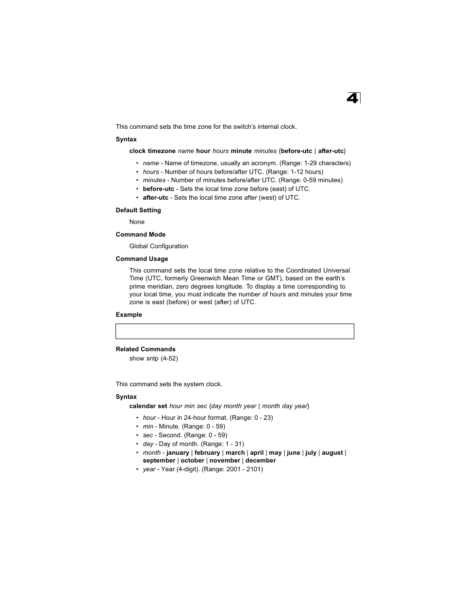 Clock timezone, Calendar set | Alcatel Carrier Internetworking Solutions OmniStack 6300-24 User Manual | Page 265 / 462