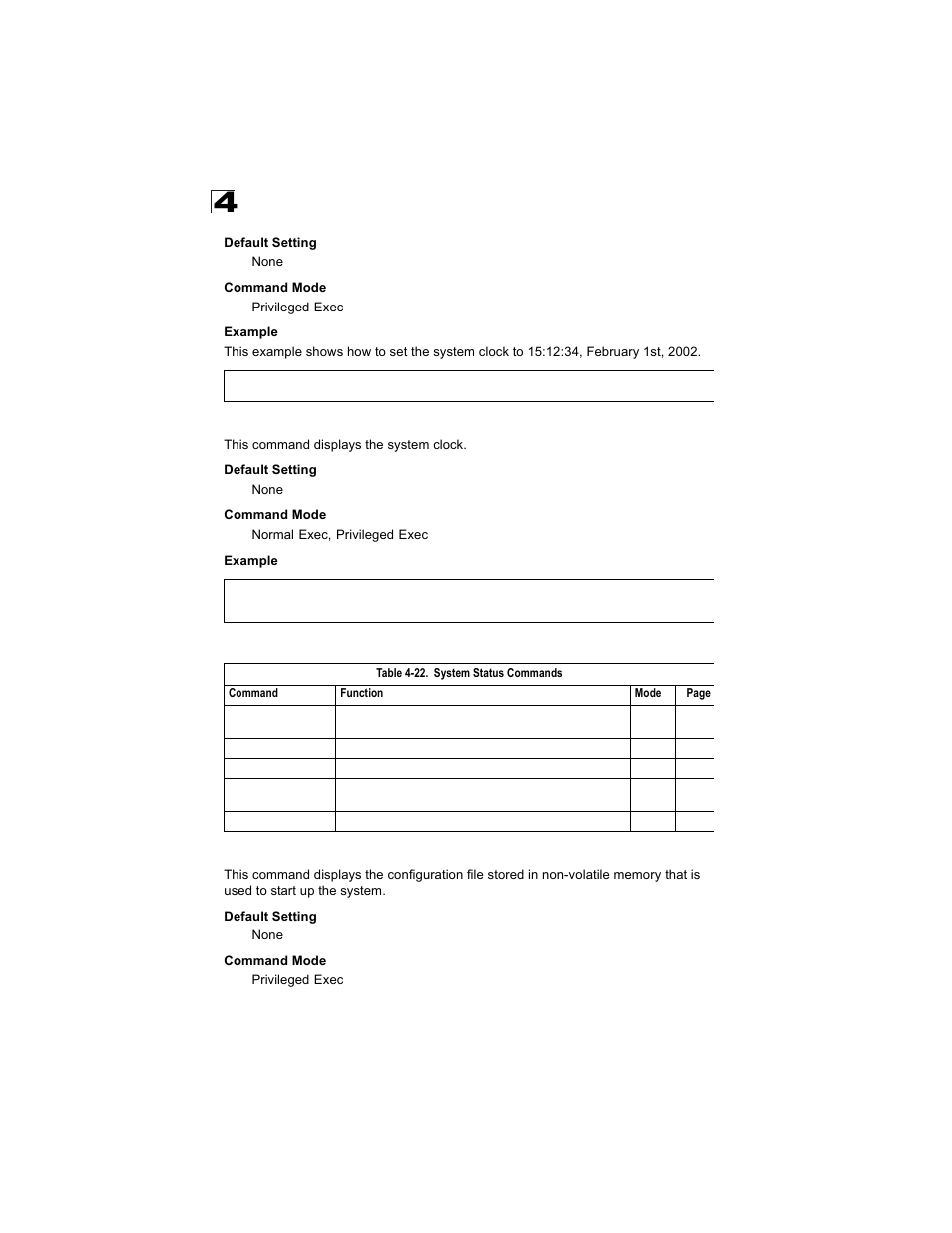 Show calendar, System status commands, Show startup-config | Table 4-22 | Alcatel Carrier Internetworking Solutions OmniStack 6300-24 User Manual | Page 266 / 462